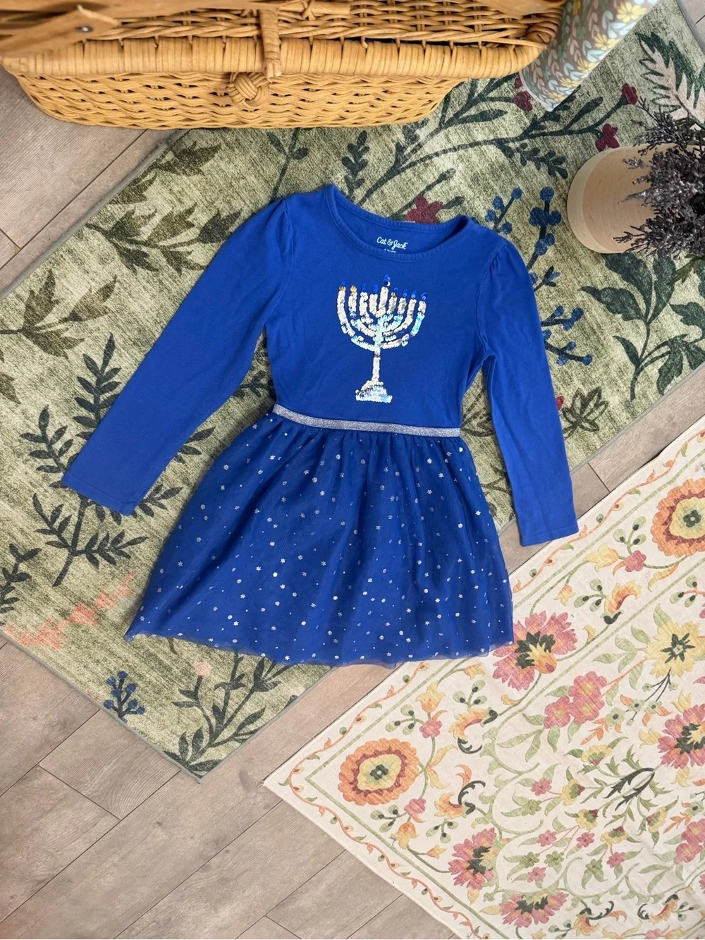 Cat & Jack Girls' Hanukkah Tulle Dress Size Small 6/6X Long Sleeves Blue